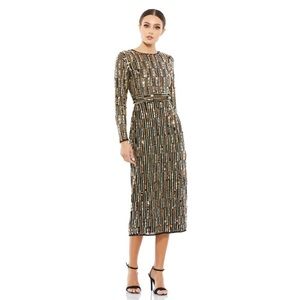 Mac Duggal 93590 Black Gold Beaded Long Sleeve Cocktail Midi Dress Size 12 NWT
